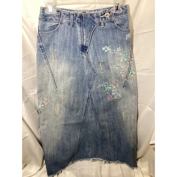 Style J Skirt Women's 28 Floral Distressed Denim Jean Skirt Long Maxi Split